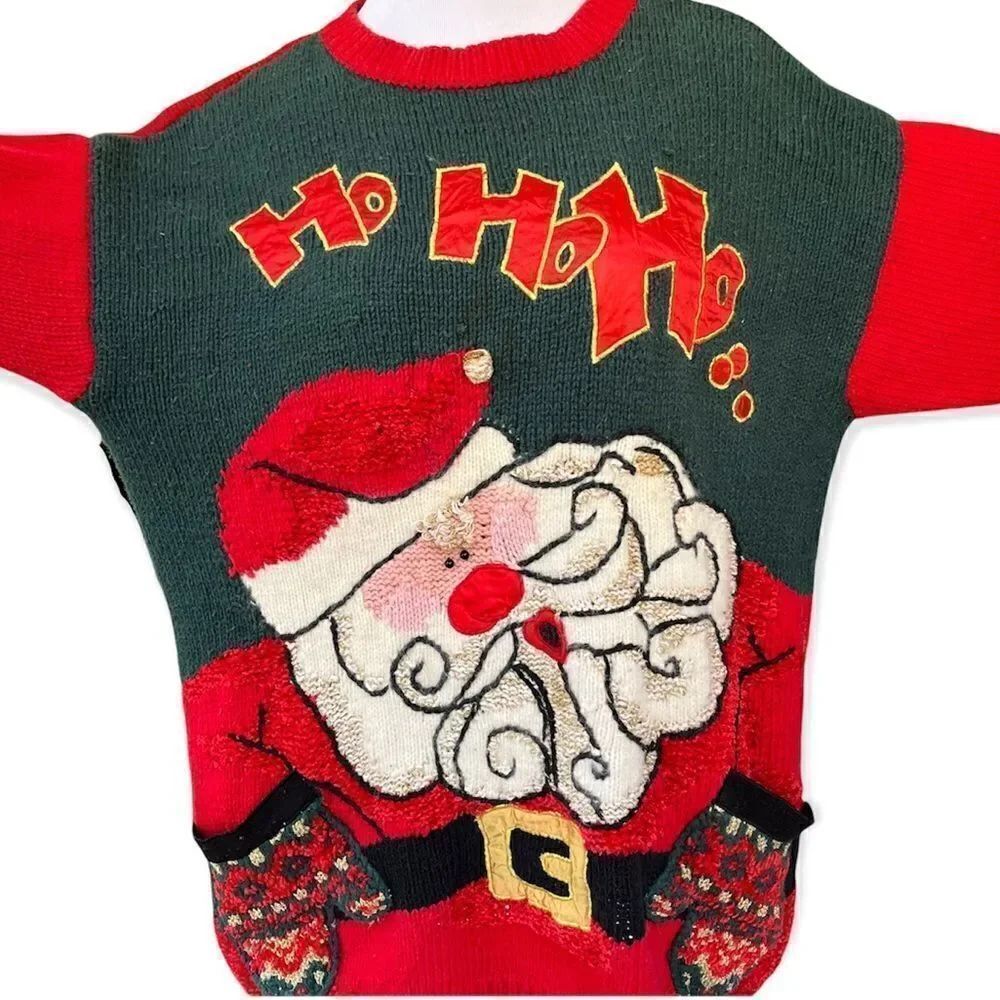 Vintage hand knit Holiday Santa cotton angora ugly sweater Large